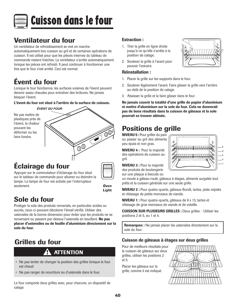 Cuisson dans le four, Grilles du four, Éclairage du four | Sole du four, Ventilateur du four, Évent du four, Positions de grille | Amana 8113P550-60 User Manual | Page 41 / 76