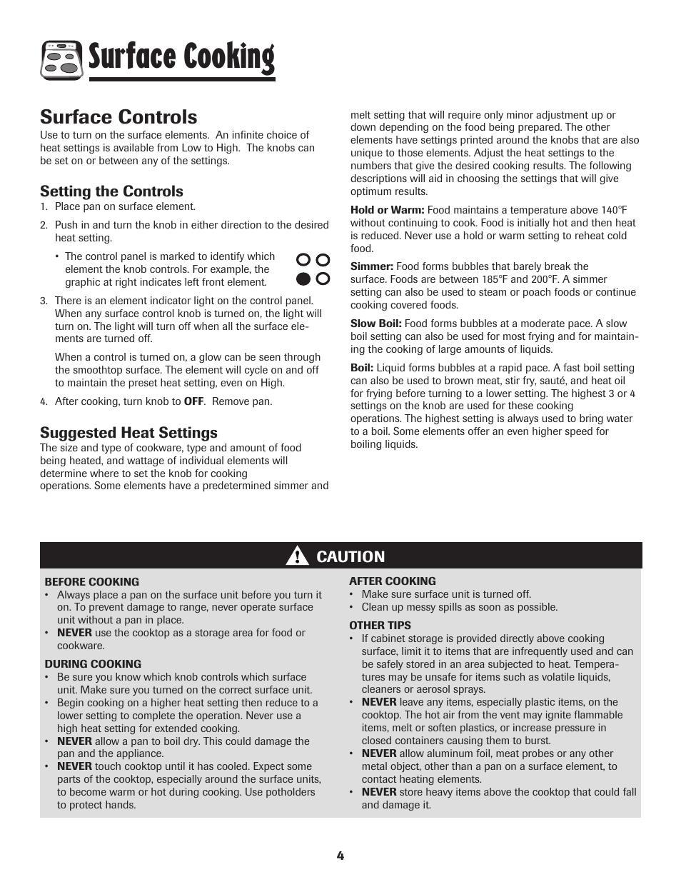 Surface cooking, Surface controls, Setting the controls | Suggested heat settings, Caution | Amana 8113P550-60 User Manual | Page 5 / 76