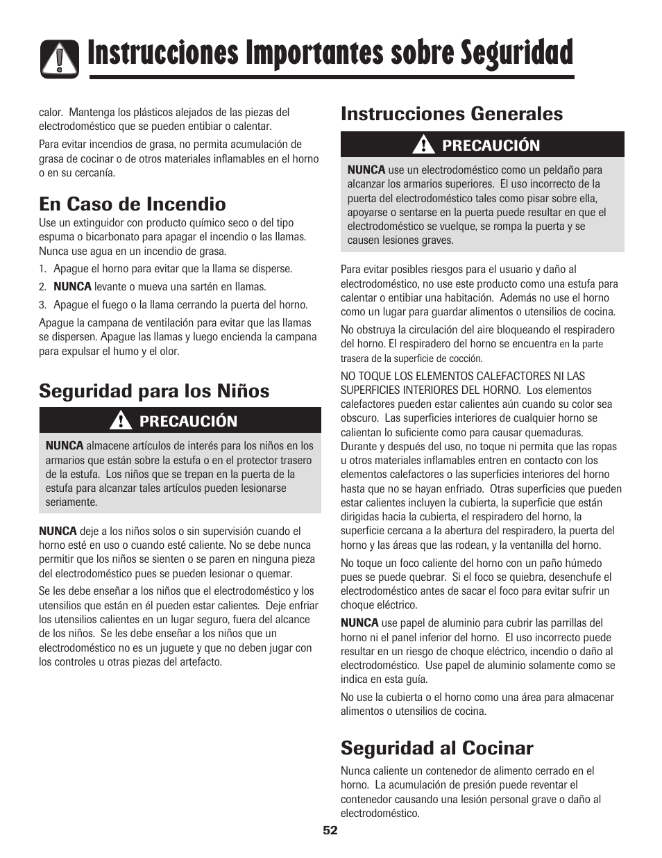 Instrucciones importantes sobre seguridad, En caso de incendio, Seguridad para los niños instrucciones generales | Seguridad al cocinar | Amana 8113P550-60 User Manual | Page 53 / 76