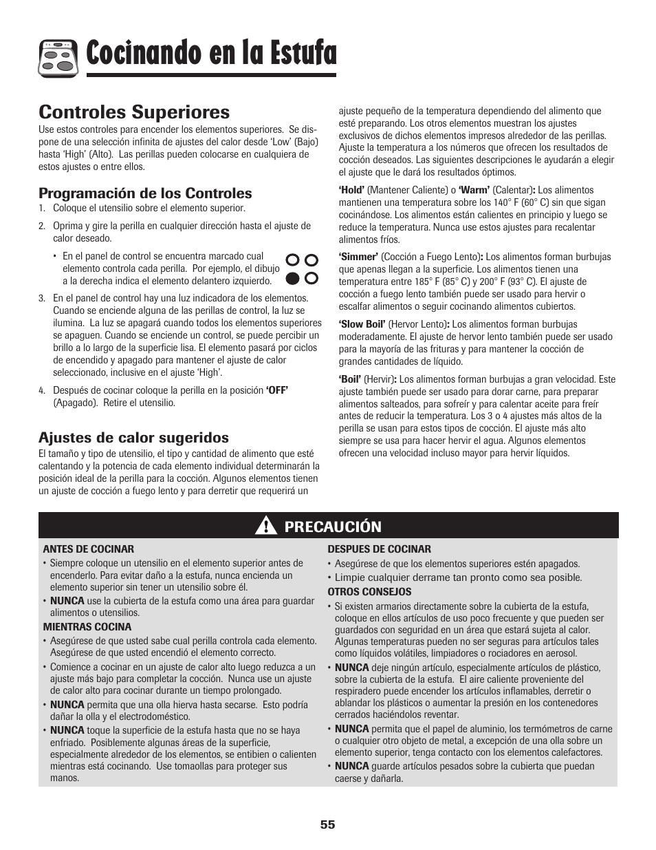 Cocinando en la estufa, Controles superiores, Programación de los controles | Ajustes de calor sugeridos, Precaución | Amana 8113P550-60 User Manual | Page 56 / 76