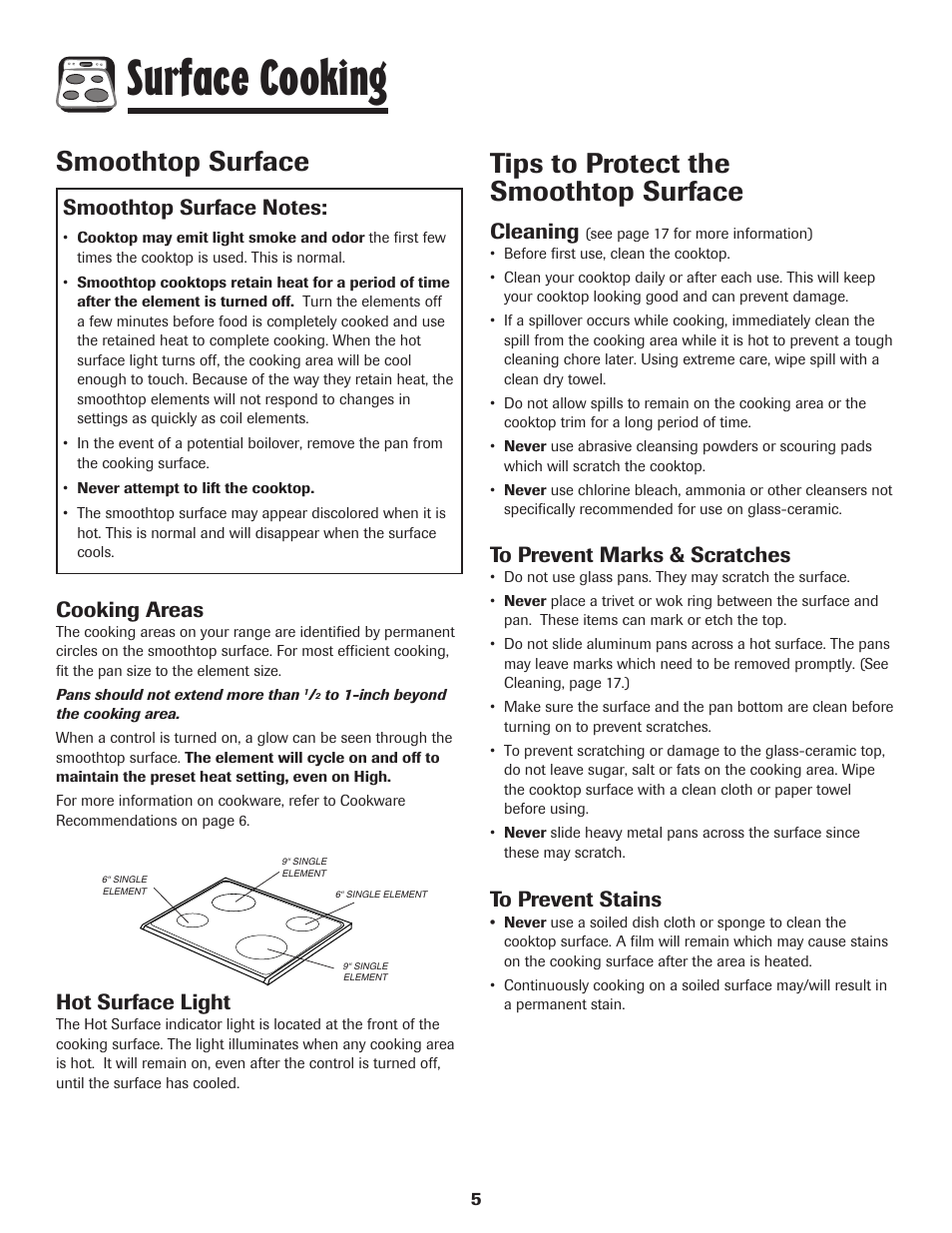Surface cooking, Smoothtop surface, Tips to protect the smoothtop surface | Cooking areas, Hot surface light, Cleaning | Amana 8113P550-60 User Manual | Page 6 / 76