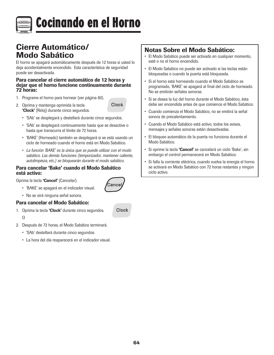 Cocinando en el horno, Cierre automático/ modo sabático, Notas sobre el modo sabático | Amana 8113P550-60 User Manual | Page 65 / 76