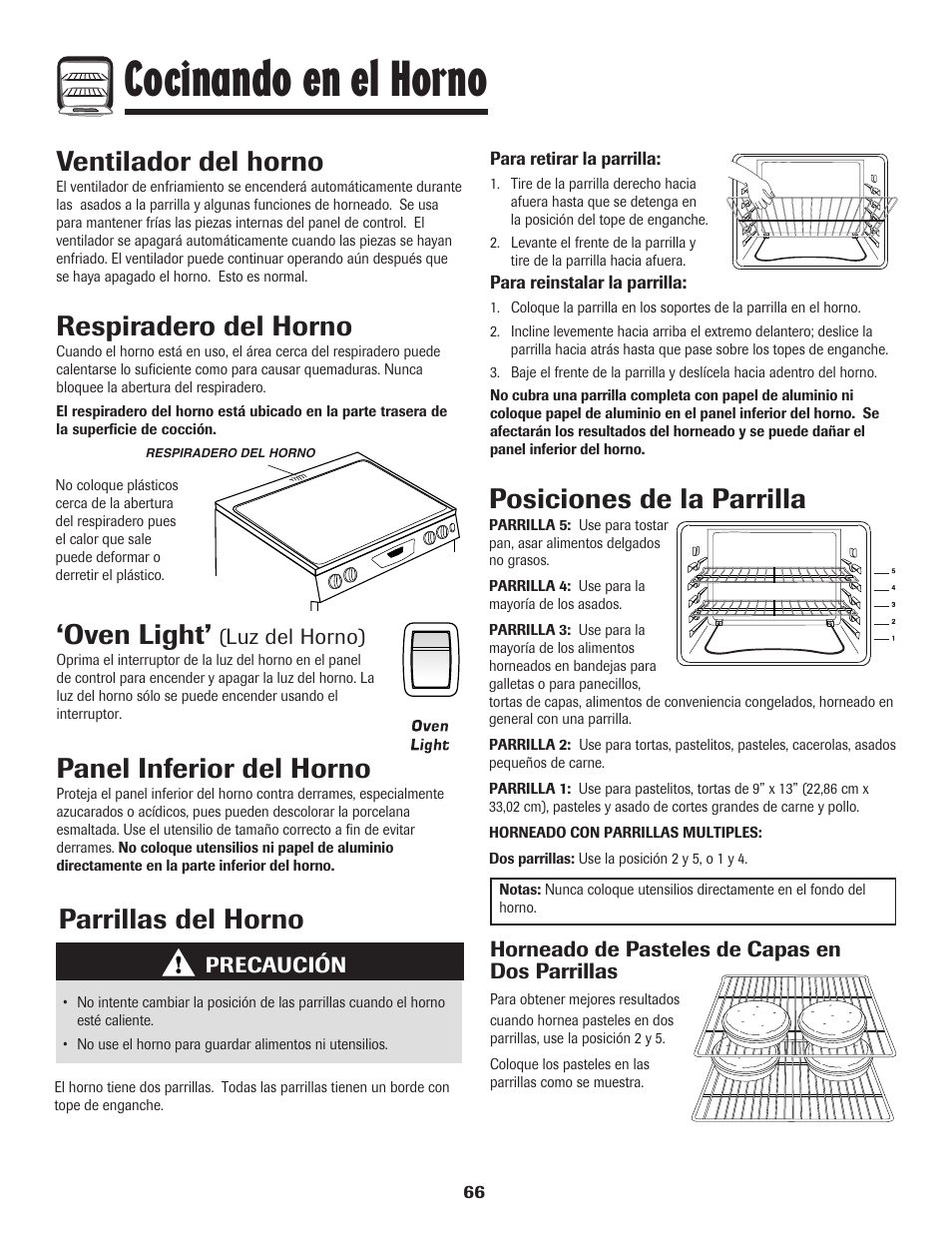 Cocinando en el horno, Parrillas del horno, Oven light | Panel inferior del horno, Ventilador del horno, Respiradero del horno, Posiciones de la parrilla | Amana 8113P550-60 User Manual | Page 67 / 76