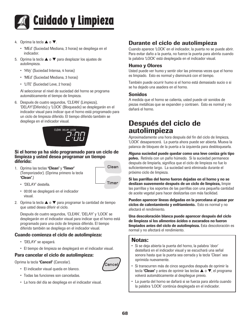 Cuidado y limpieza, Después del ciclo de autolimpieza, Notas | Durante el ciclo de autolimpieza | Amana 8113P550-60 User Manual | Page 69 / 76