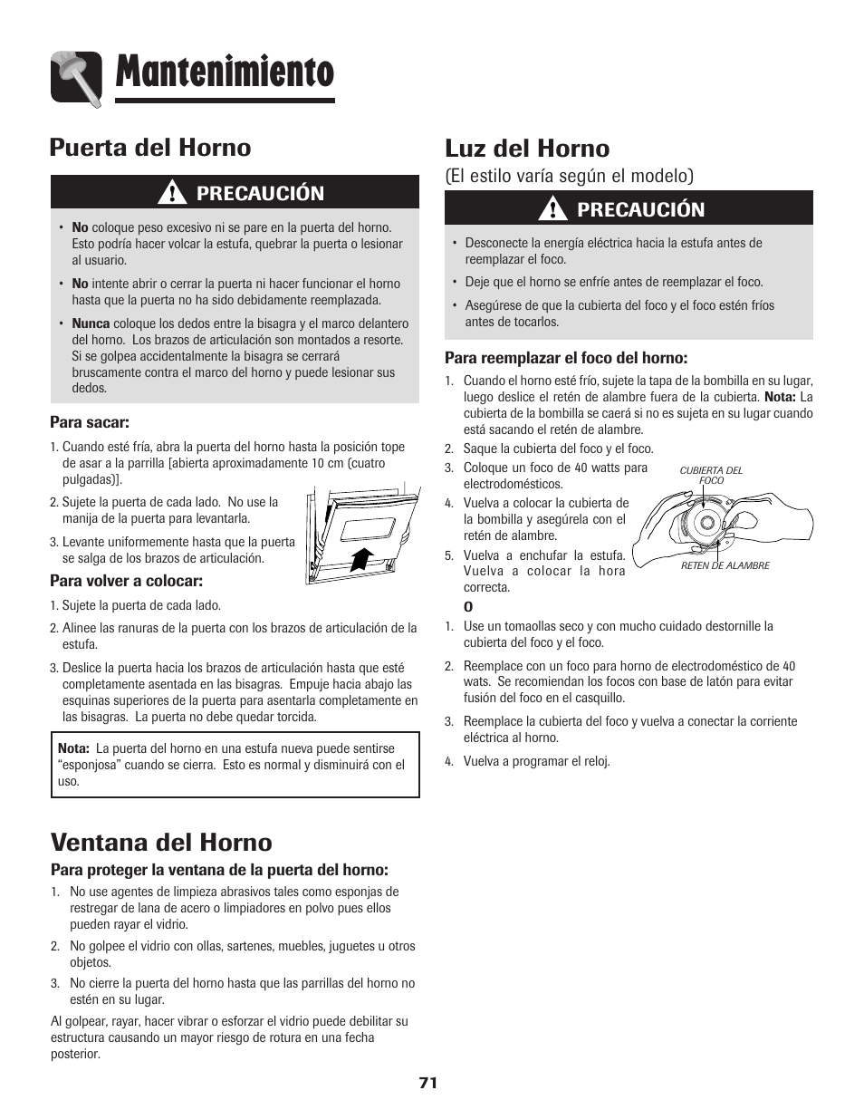 Mantenimiento, Ventana del horno, Puerta del horno | Luz del horno, Precaución, El estilo varía según el modelo) | Amana 8113P550-60 User Manual | Page 72 / 76