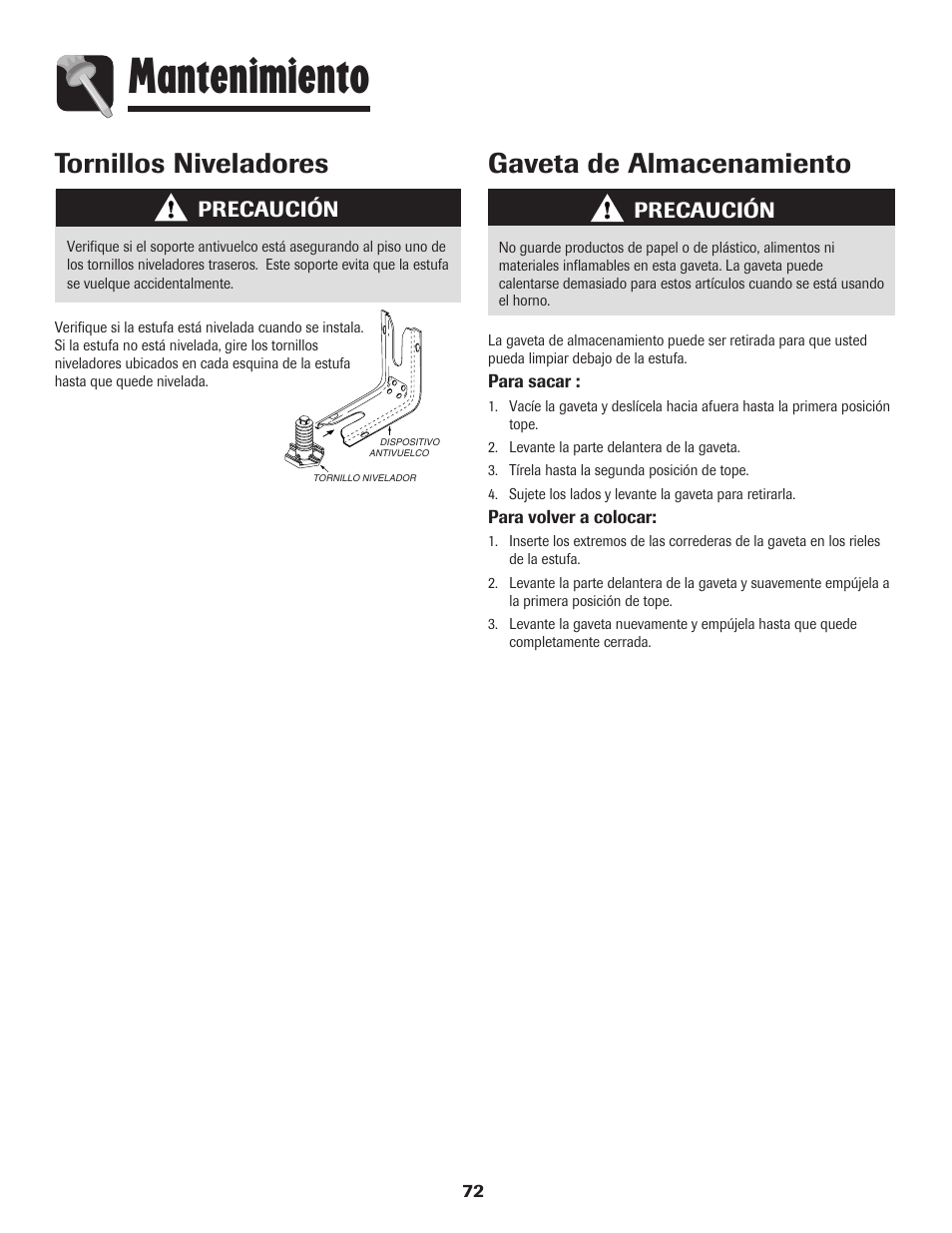 Mantenimiento, Tornillos niveladores, Gaveta de almacenamiento | Precaución | Amana 8113P550-60 User Manual | Page 73 / 76