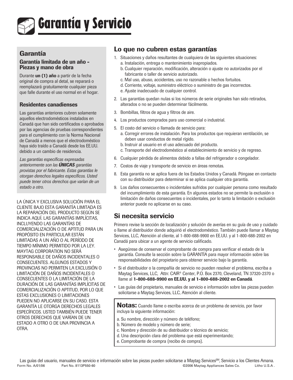 Garantía y servicio, Garantía, Lo que no cubren estas garantías | Si necesita servicio, Notas | Amana 8113P550-60 User Manual | Page 76 / 76