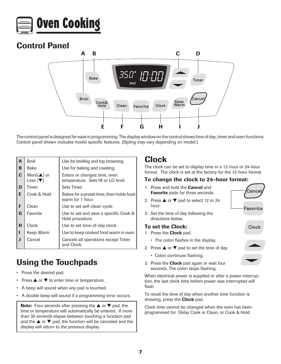 Oven cooking, Control panel, Using the touchpads | Clock | Amana 8113P550-60 User Manual | Page 8 / 76