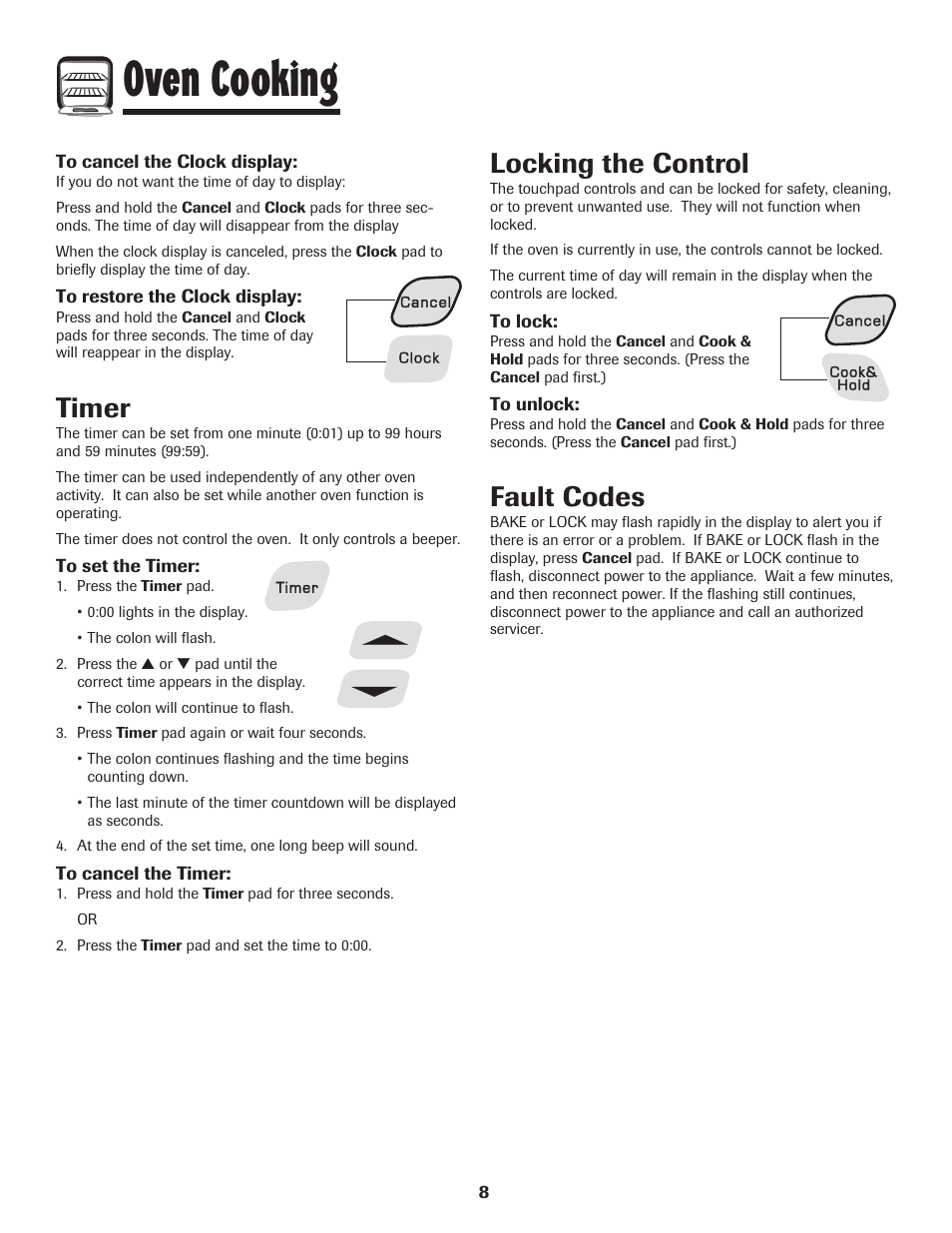 Oven cooking, Timer, Locking the control | Fault codes | Amana 8113P550-60 User Manual | Page 9 / 76