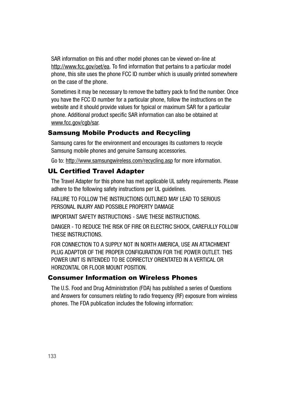 Samsung mobile products and recycling, Ul certified travel adapter, Consumer information on wireless phones | Samsung SGH-T729ZKATMB User Manual | Page 136 / 163