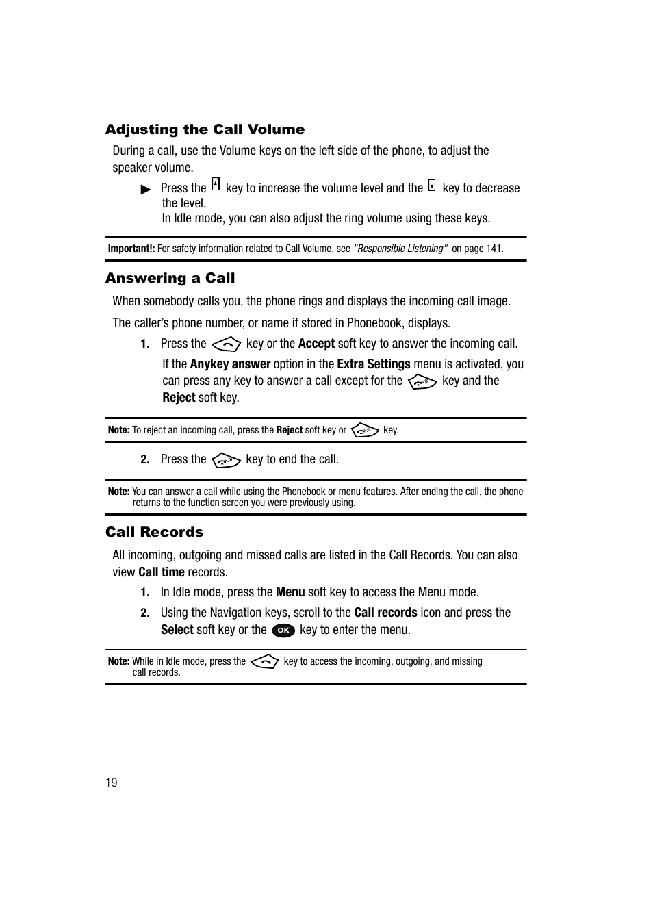 Adjusting the call volume, Answering a call, Call records | Samsung SGH-T729ZKATMB User Manual | Page 22 / 163