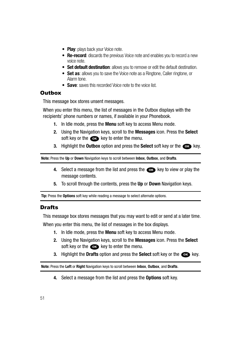 Outbox drafts, Outbox, Drafts | Samsung SGH-T729ZKATMB User Manual | Page 54 / 163