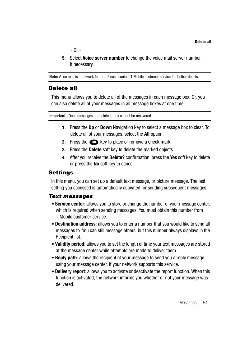 Delete all settings, Delete all, Settings | Samsung SGH-T729ZKATMB User Manual | Page 57 / 163