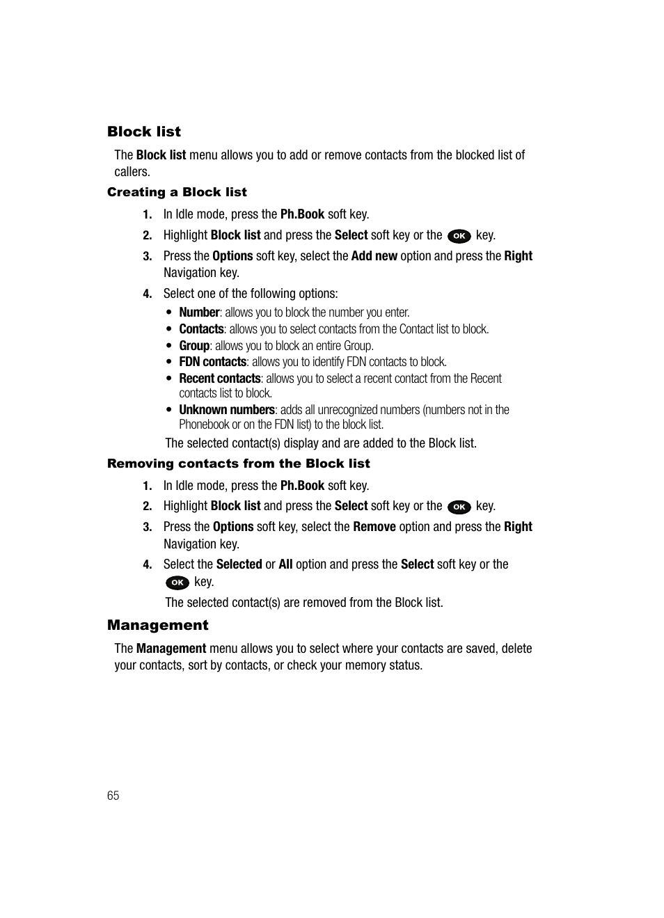 Block list management, Block list, Management | Samsung SGH-T729ZKATMB User Manual | Page 68 / 163