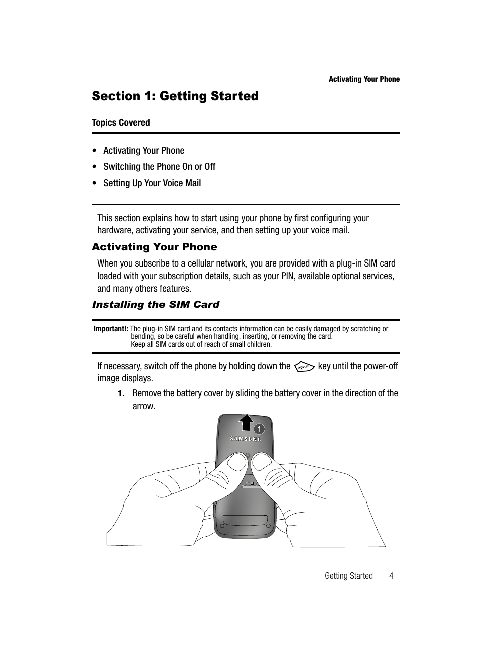 Section 1: getting started, Activating your phone | Samsung SGH-T729ZKATMB User Manual | Page 7 / 163