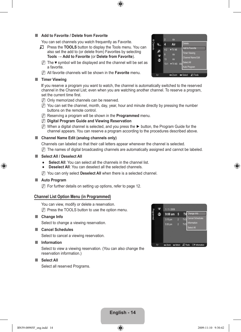 English - 14, Channel list option menu (in programmed) | Samsung LS19CFNKFYB-ZA User Manual | Page 16 / 43