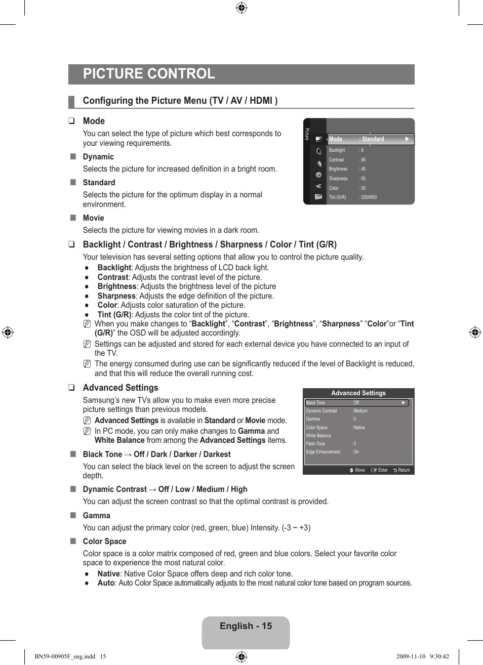 Picture control, Configuring the picture menu (tv / av / hdmi ) | Samsung LS19CFNKFYB-ZA User Manual | Page 17 / 43