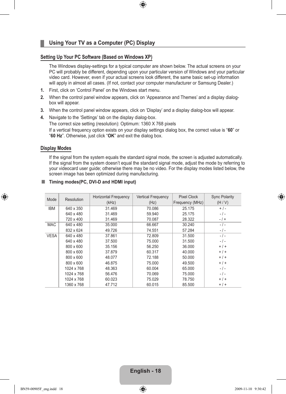 Using your tv as a computer (pc) display, English - 18, Setting up your pc software (based on windows xp) | Display modes | Samsung LS19CFNKFYB-ZA User Manual | Page 20 / 43