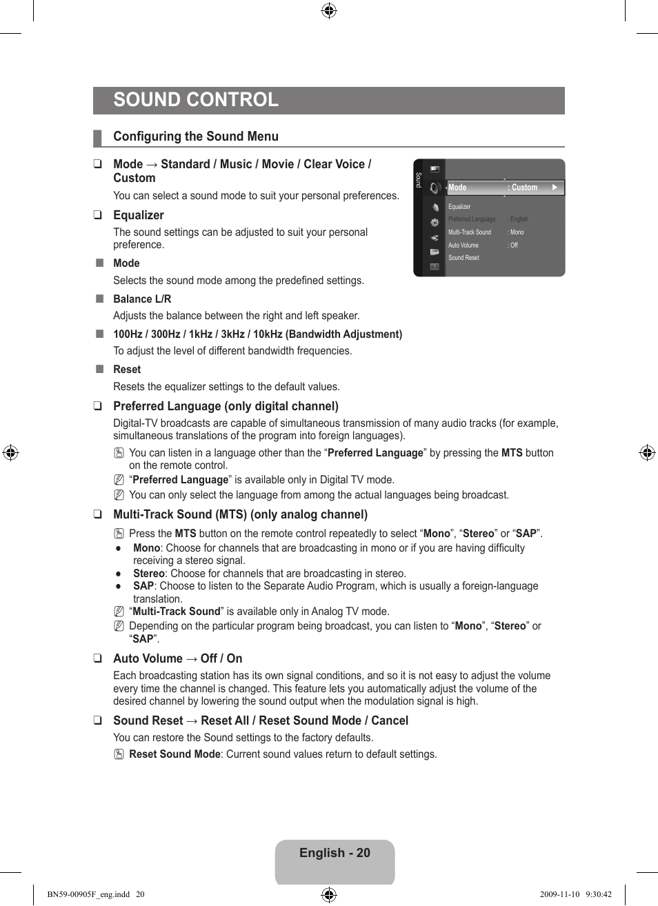 Sound control, Configuring the sound menu | Samsung LS19CFNKFYB-ZA User Manual | Page 22 / 43