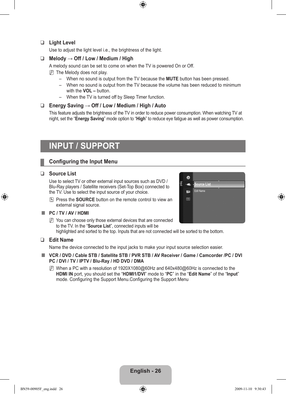 Input / support, Configuring the input menu | Samsung LS19CFNKFYB-ZA User Manual | Page 28 / 43