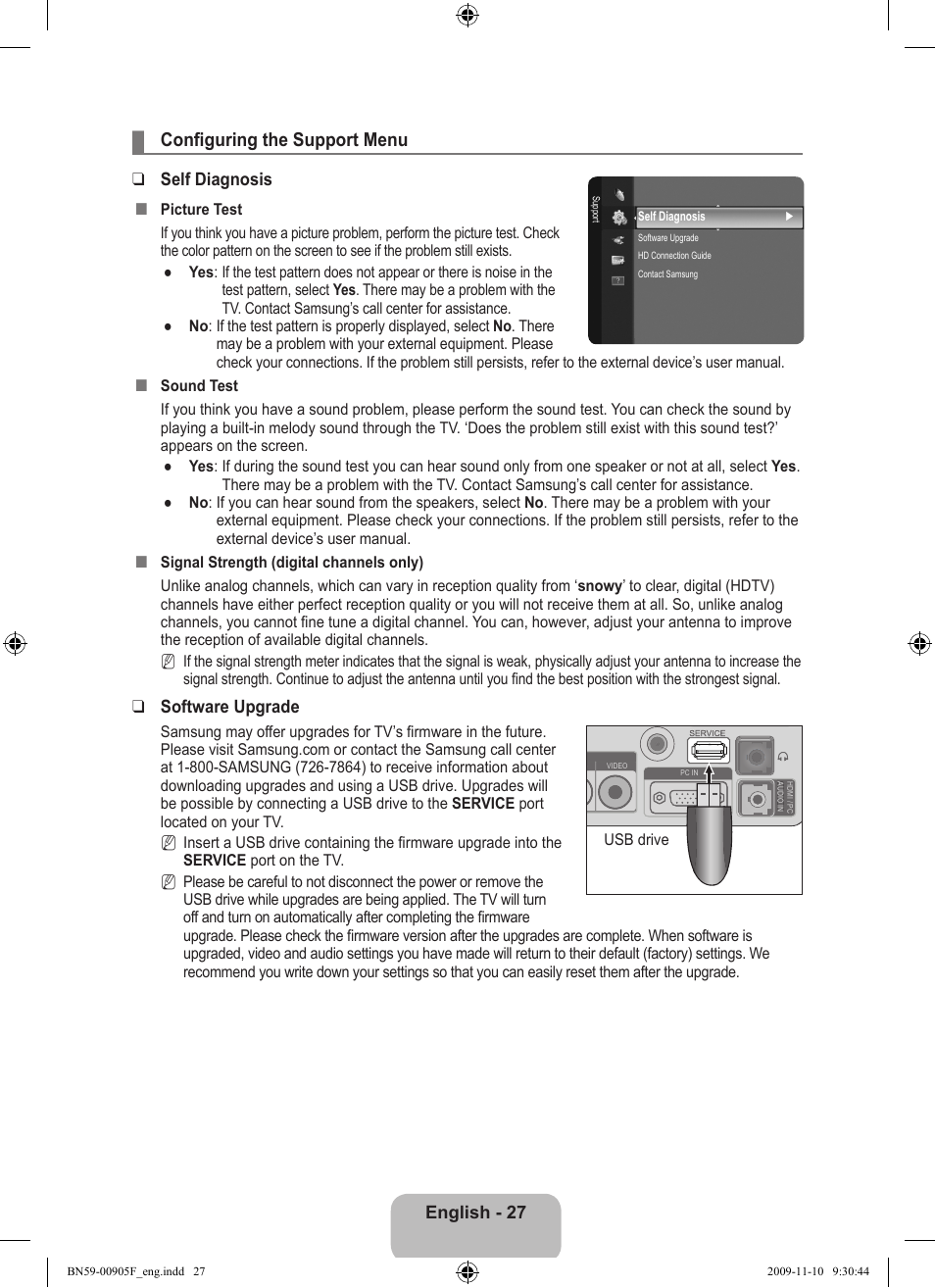Configuring the support menu, English - 27, Self diagnosis | Software upgrade | Samsung LS19CFNKFYB-ZA User Manual | Page 29 / 43