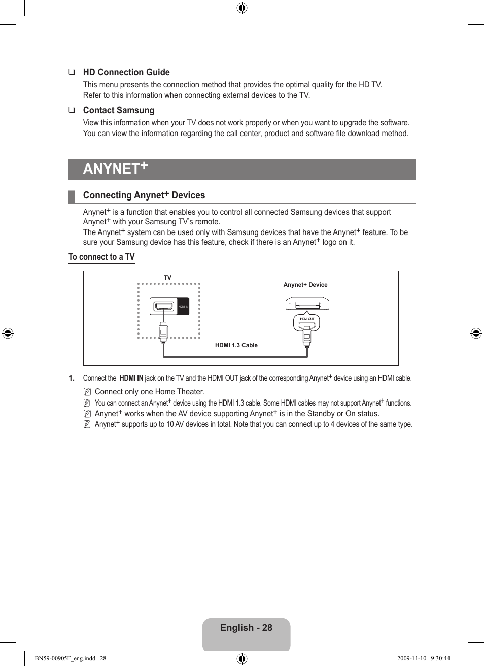 Anynet, Connecting anynet+ devices, Connecting anynet ¦ + devices | English - 28 hd connection guide, Contact samsung | Samsung LS19CFNKFYB-ZA User Manual | Page 30 / 43