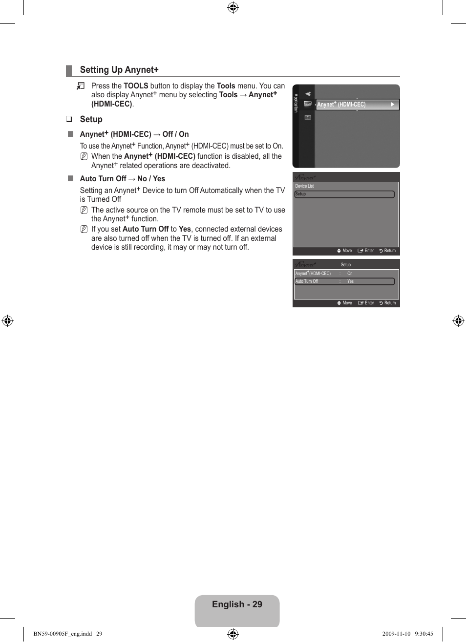 Setting up anynet, English - 29, Setup | Samsung LS19CFNKFYB-ZA User Manual | Page 31 / 43