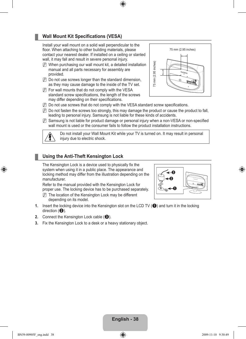 Using the anti-theft kensington lock, Wall mount kit specifications (vesa) | Samsung LS19CFNKFYB-ZA User Manual | Page 40 / 43