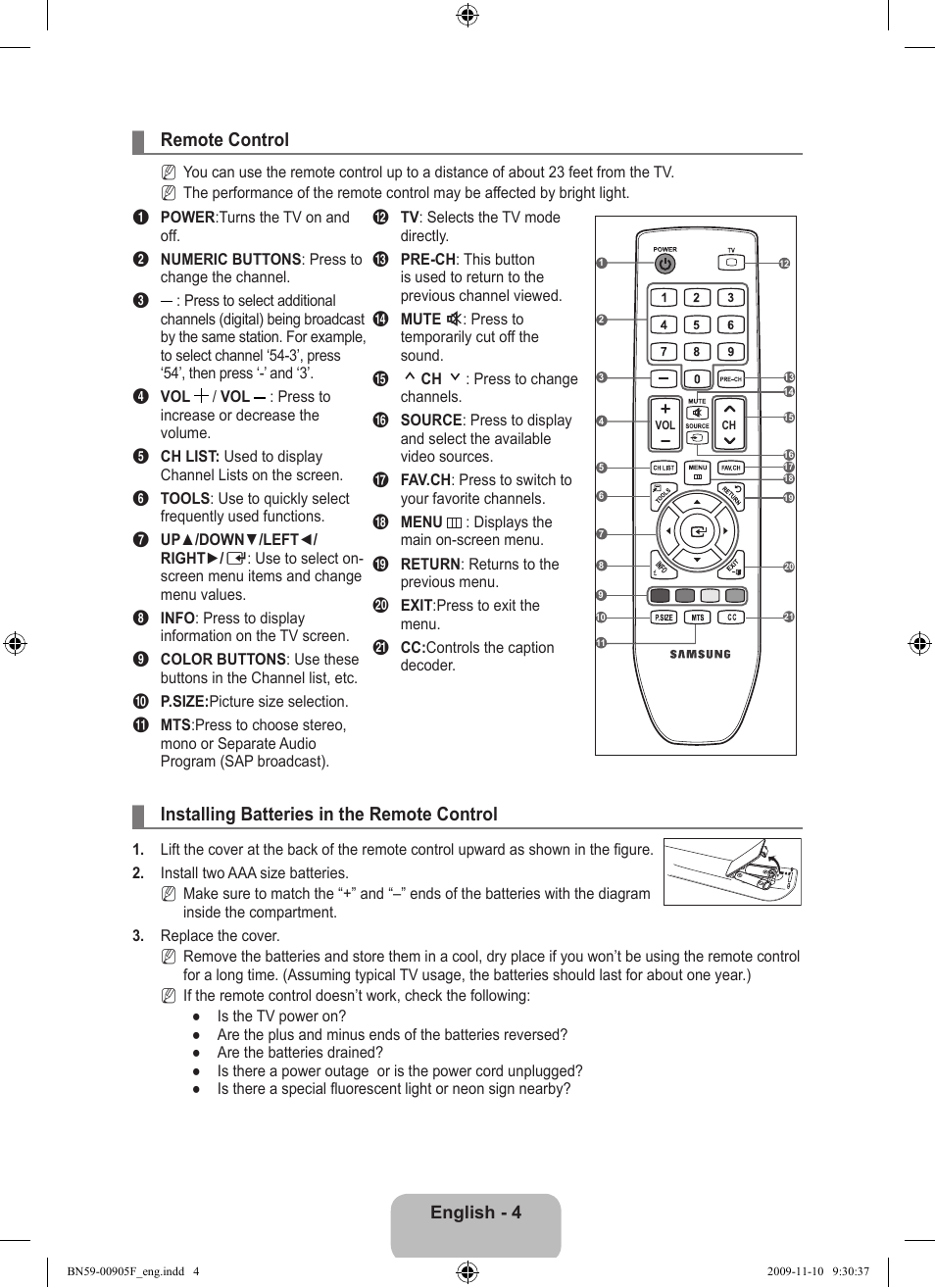 Remote control, Installing batteries in the remote control | Samsung LS19CFNKFYB-ZA User Manual | Page 6 / 43