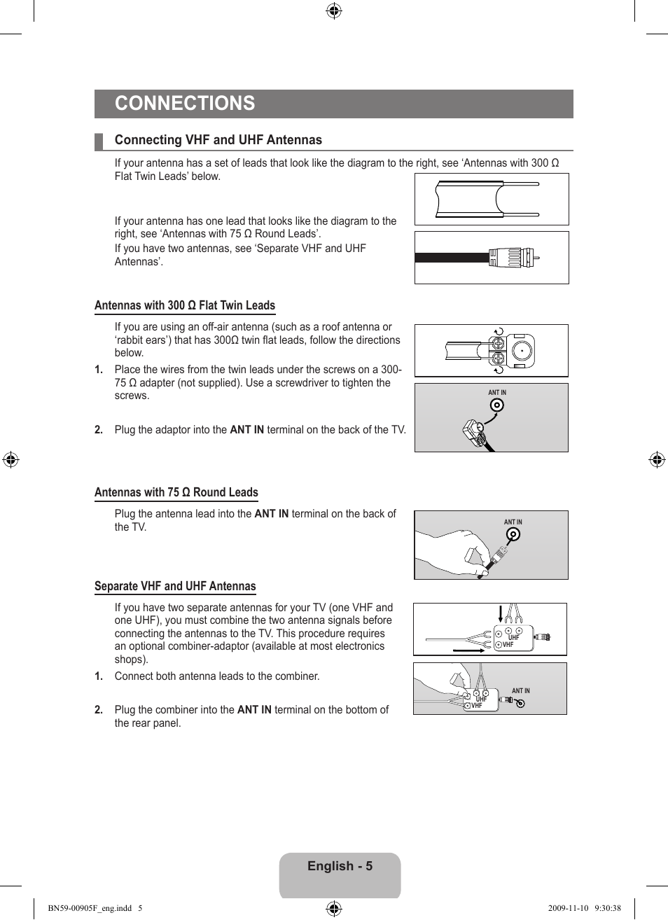 Connections, Connecting vhf and uhf antennas | Samsung LS19CFNKFYB-ZA User Manual | Page 7 / 43