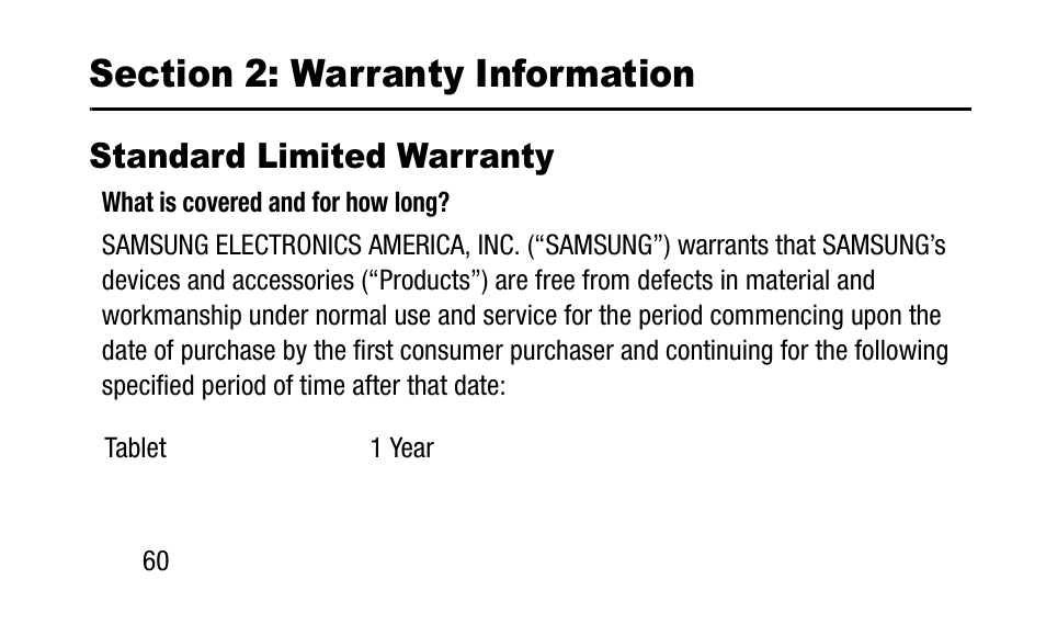 Section 2: warranty information, Standard limited warranty | Samsung SM-T700NZWAXAR User Manual | Page 70 / 107