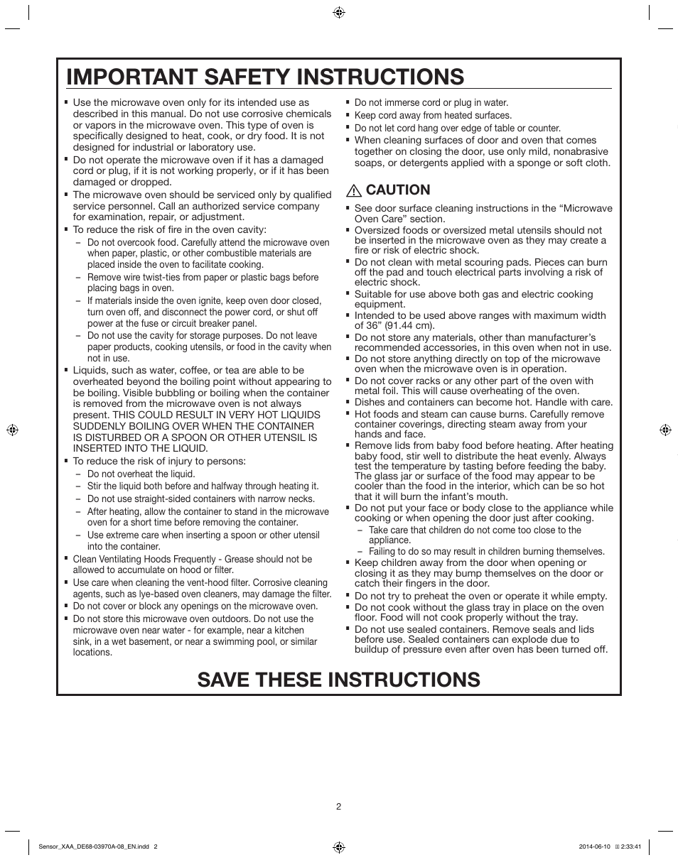 Important safety instructions, Electrical requirements settings, Save these instructions | Required, Clock, Kitchen timer, Control lock (available only on some models), Eco mode (available only on some models), Caution | Samsung ME21H9900AS-AA User Manual | Page 2 / 6