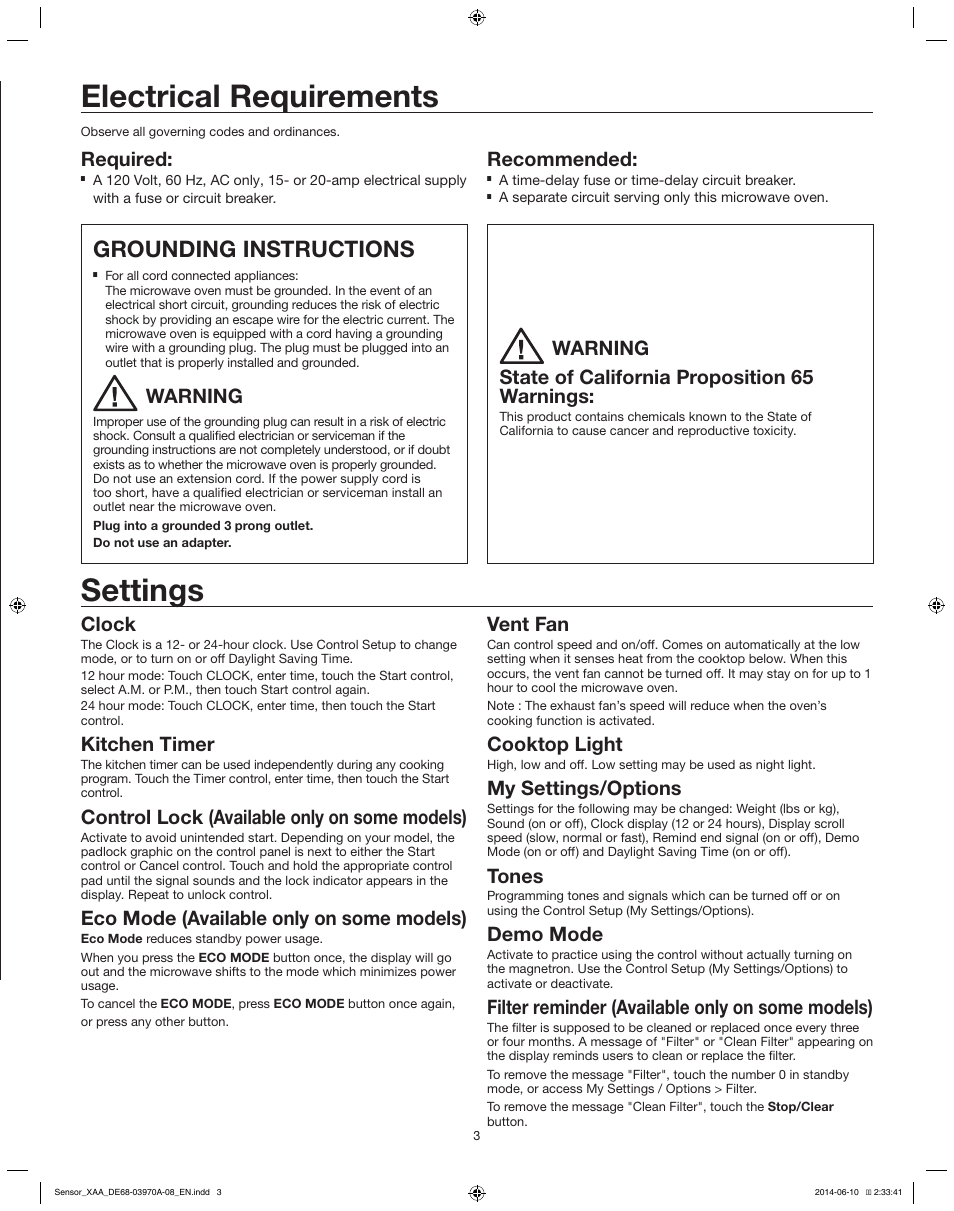 Electrical requirements settings, Grounding instructions, Required | Recommended, Clock, Kitchen timer, Control lock (available only on some models), Eco mode (available only on some models), Vent fan, Cooktop light | Samsung ME21H9900AS-AA User Manual | Page 3 / 6
