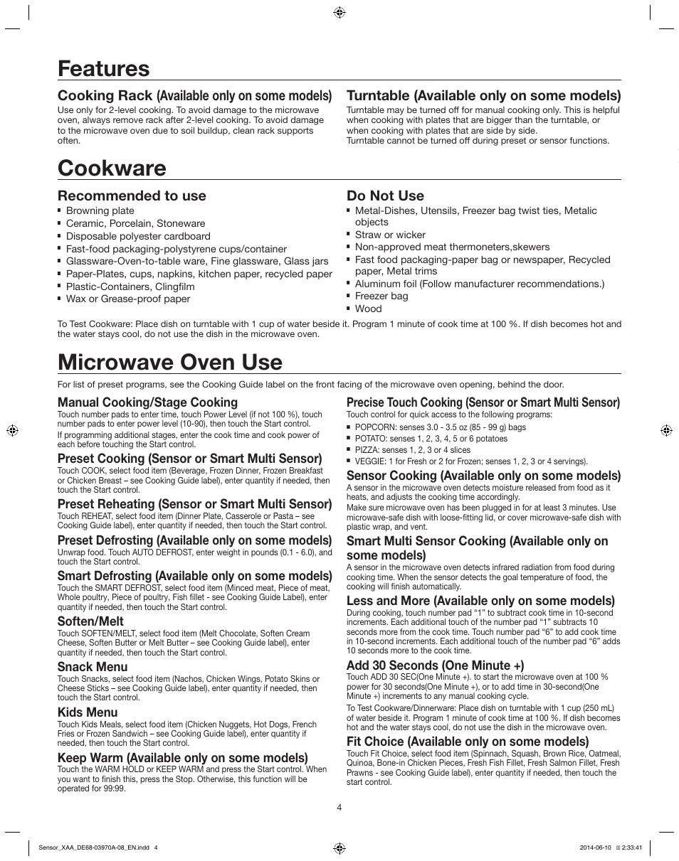 Microwave oven use, Cookware, Microwave oven care troubleshooting | Features, Recommended to use, Do not use, General cleaning important, Problem solution, Cooking rack (available only on some models), Turntable (available only on some models) | Samsung ME21H9900AS-AA User Manual | Page 4 / 6