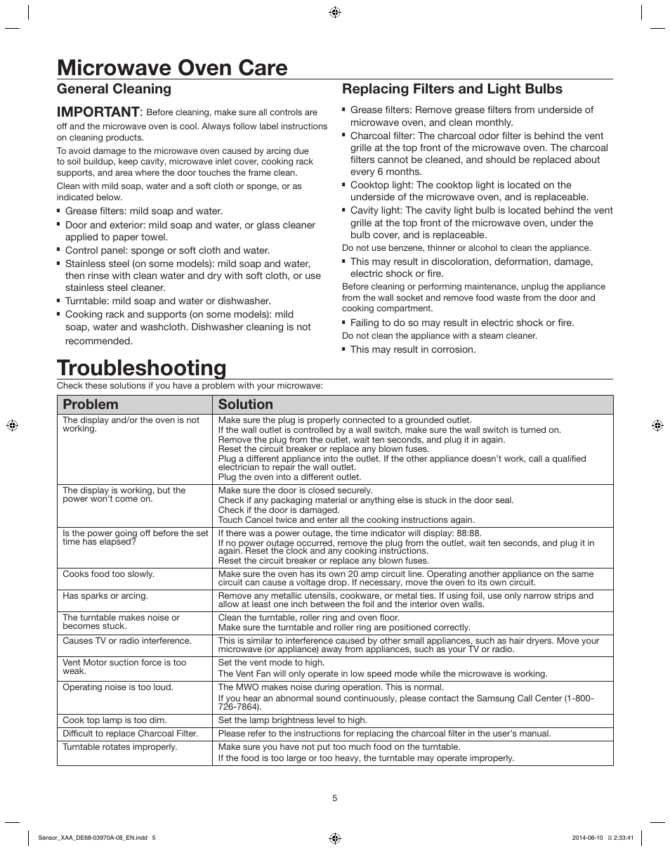 Microwave oven use, Cookware, Microwave oven care troubleshooting | Features, Do not use, General cleaning important, Replacing filters and light bulbs, Problem solution, Turntable (available only on some models), Sensor cooking (available only on some models) | Samsung ME21H9900AS-AA User Manual | Page 5 / 6