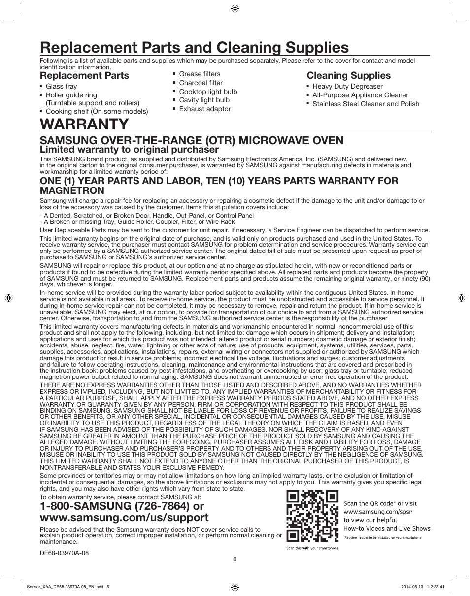 Replacement parts and cleaning supplies, Warranty, Samsung over-the-range (otr) microwave oven | Replacement parts, Cleaning supplies, Limited warranty to original purchaser | Samsung ME21H9900AS-AA User Manual | Page 6 / 6