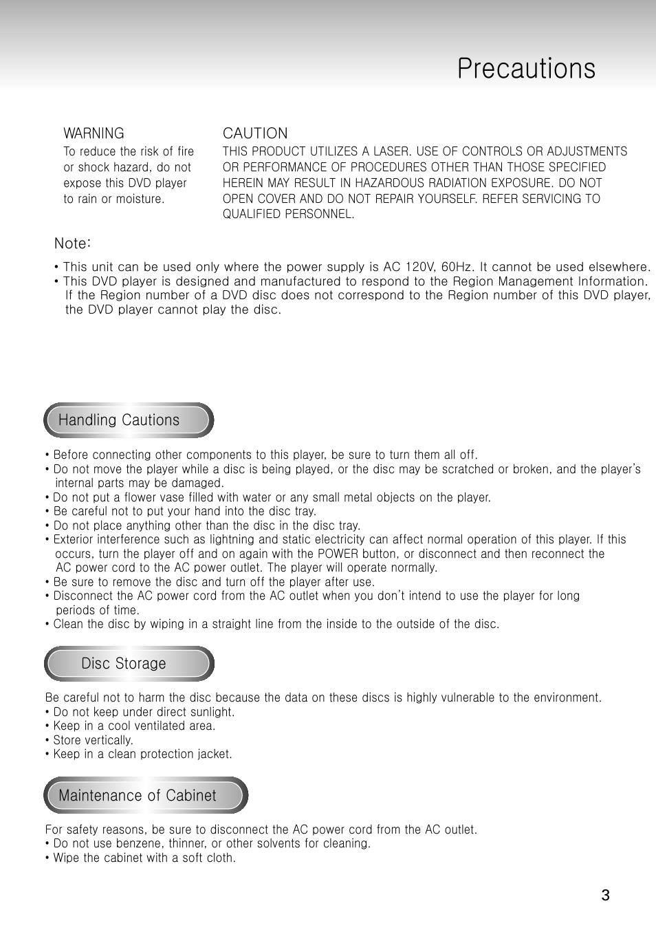 Precautions | Samsung DVD-S321-XAA User Manual | Page 3 / 50