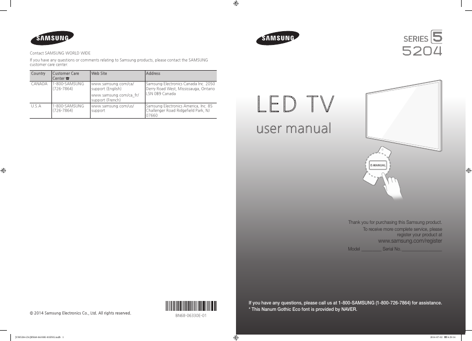 Samsung UN39H5204AFXZA User Manual | 31 pages