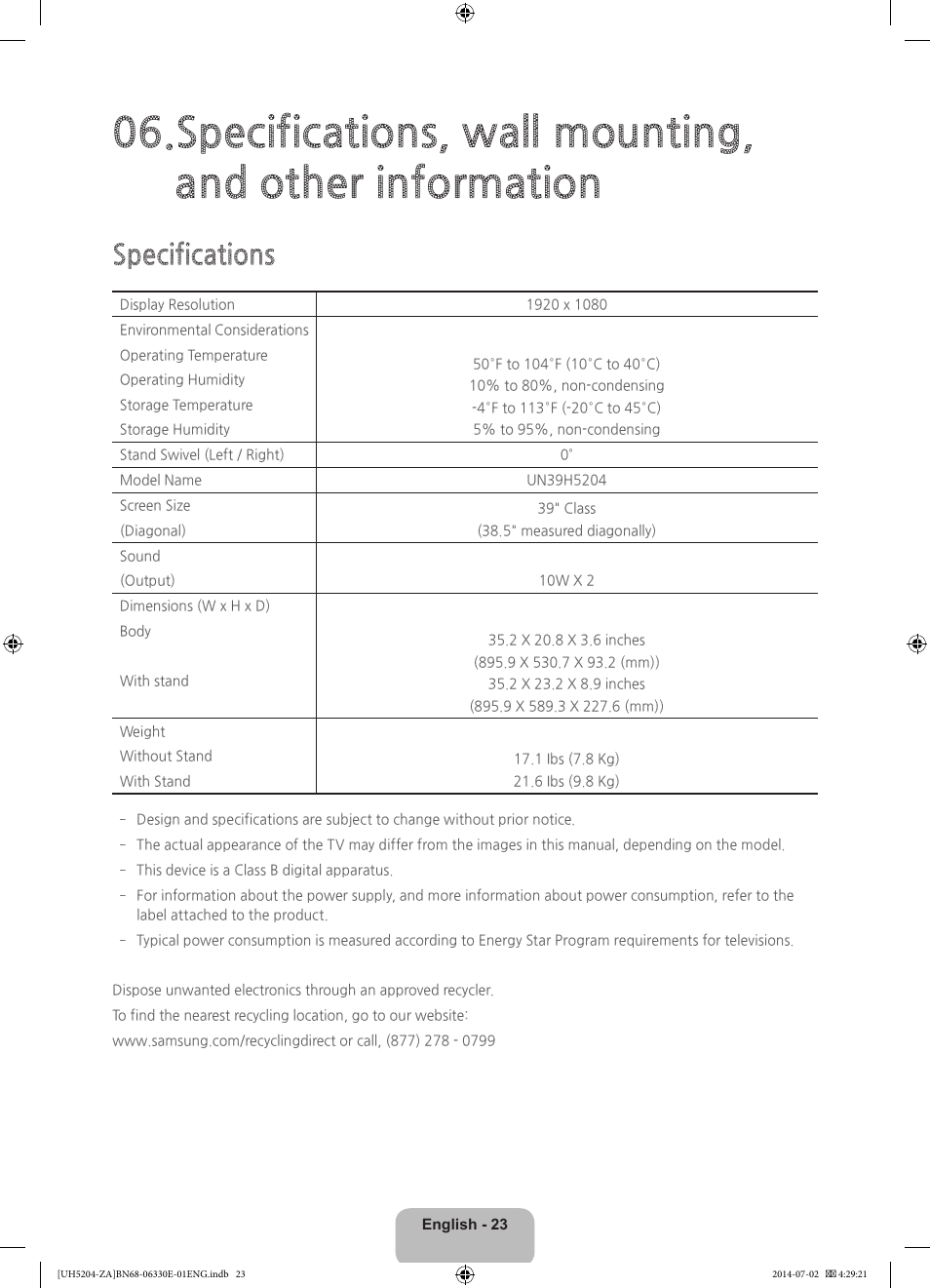 Specifications | Samsung UN39H5204AFXZA User Manual | Page 23 / 31