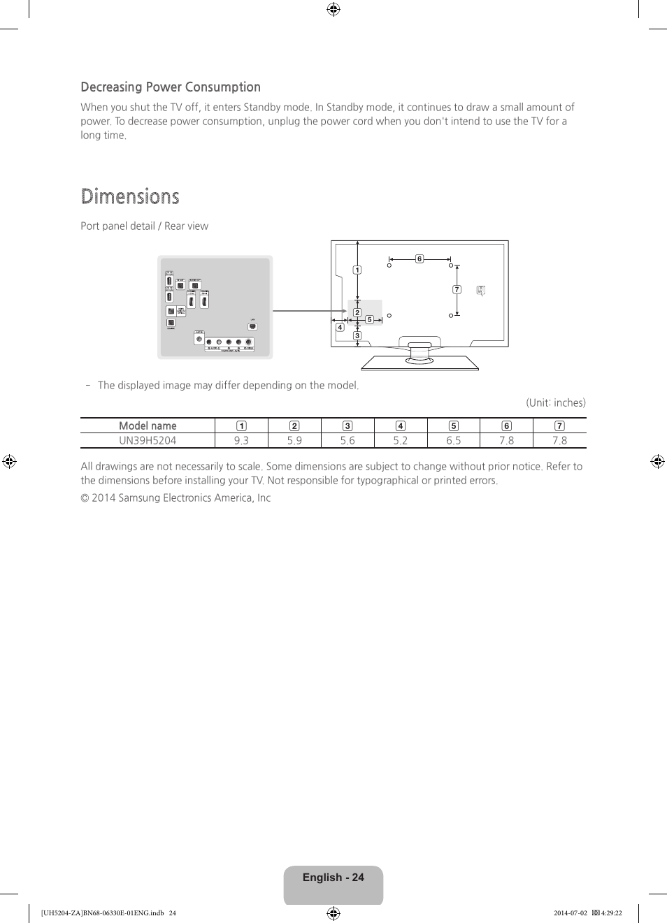 Dimensions, Decreasing power consumption | Samsung UN39H5204AFXZA User Manual | Page 24 / 31