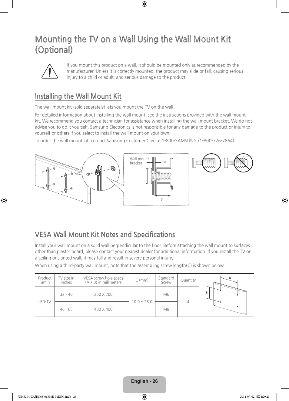 Installing the wall mount kit | Samsung UN39H5204AFXZA User Manual | Page 26 / 31