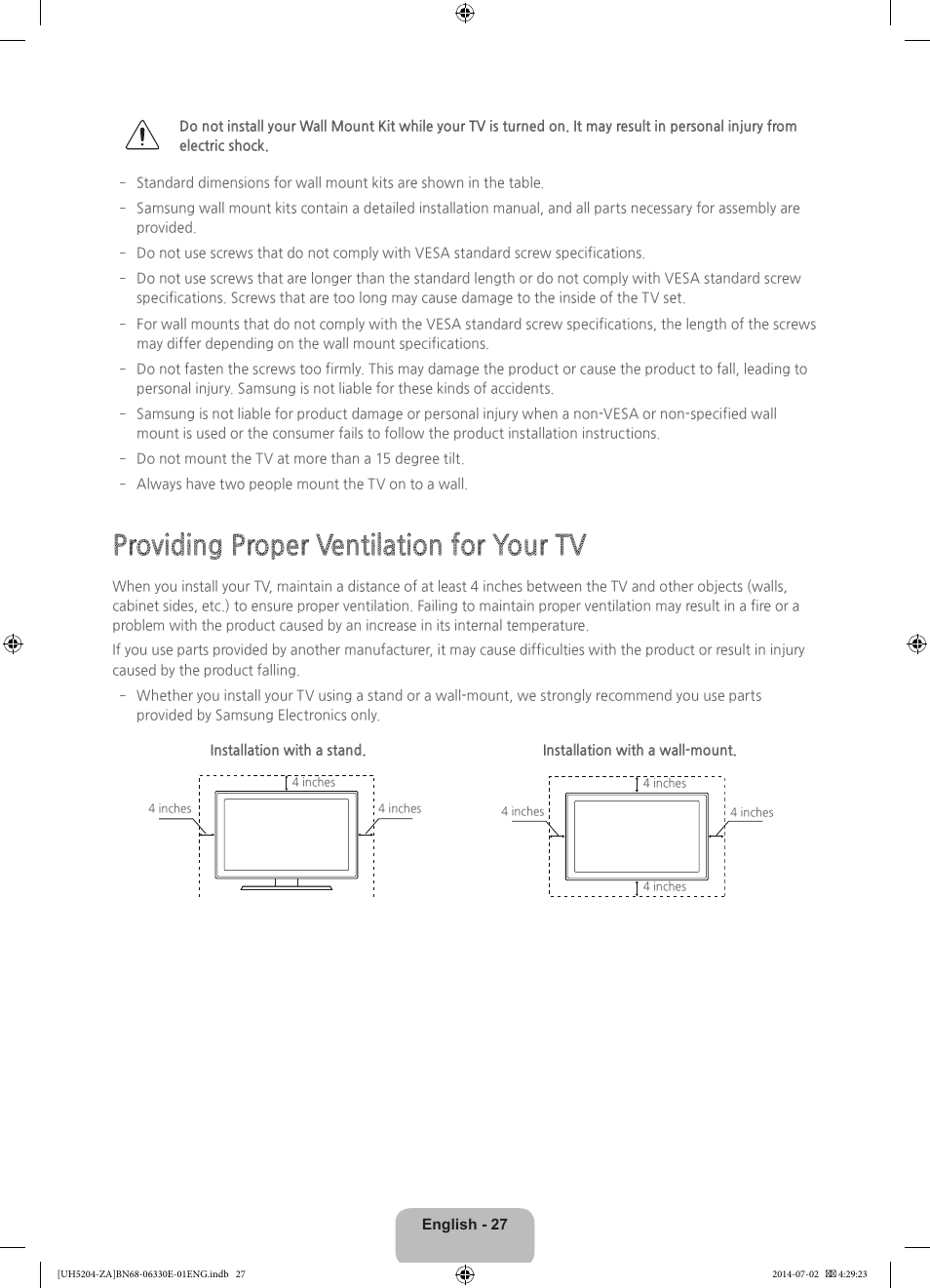 Providing proper ventilation for your tv | Samsung UN39H5204AFXZA User Manual | Page 27 / 31
