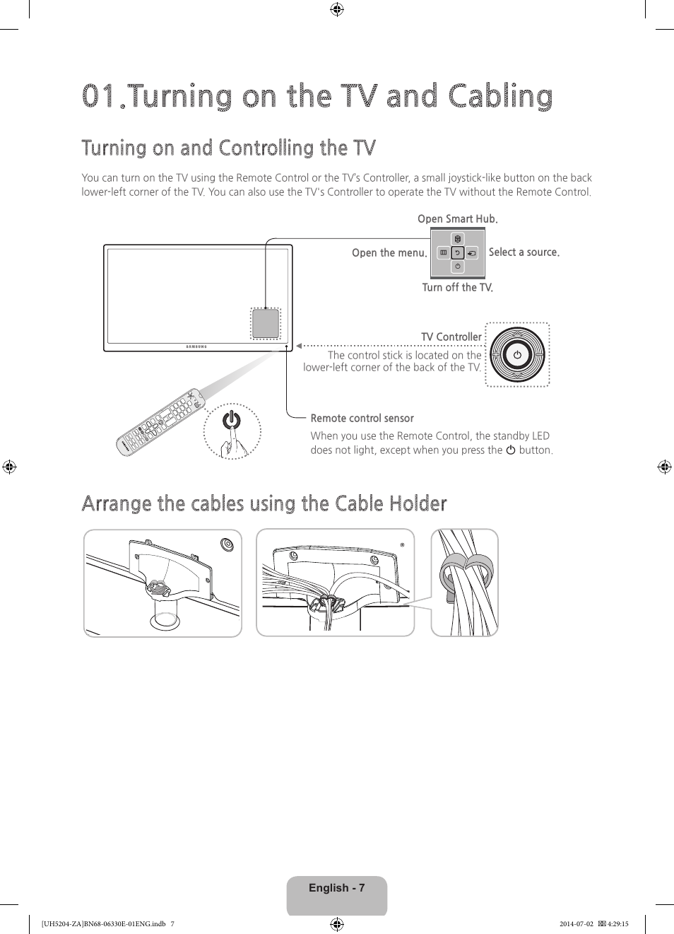 Turning on the tv and cabling, Turning on and controlling the tv, Arrange the cables using the cable holder | Samsung UN39H5204AFXZA User Manual | Page 7 / 31