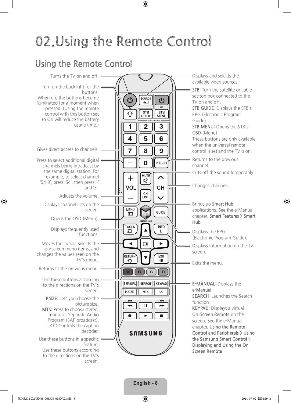 Using the remote control | Samsung UN39H5204AFXZA User Manual | Page 8 / 31
