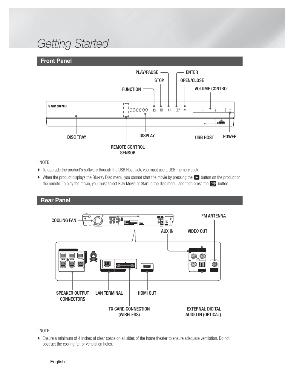 Getting started, Front panel, Rear panel | Samsung HT-EM53C-ZA User Manual | Page 12 / 64