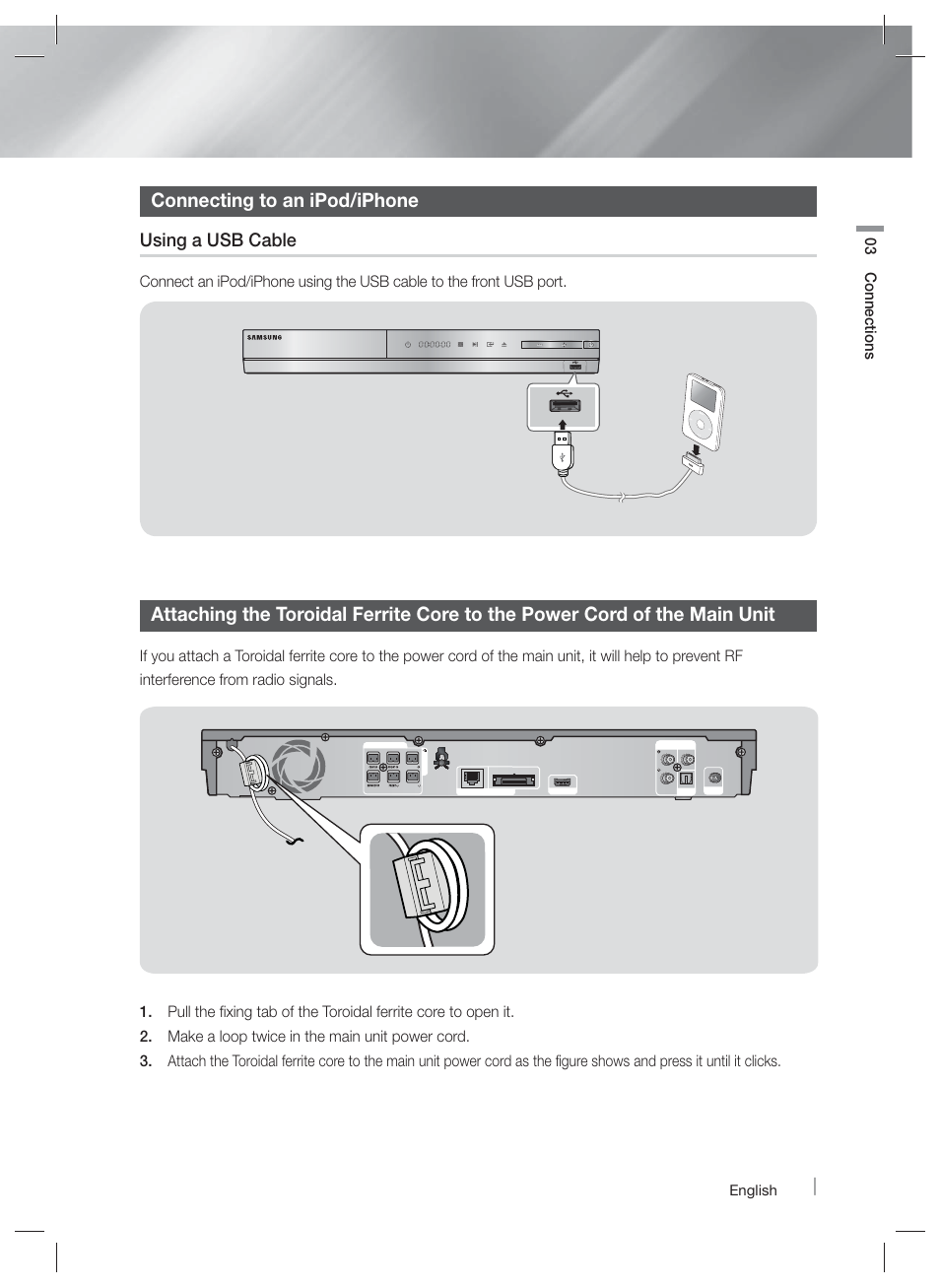Connecting to an ipod/iphone, Using a usb cable, 03 connections | English, 5v 500ma | Samsung HT-EM53C-ZA User Manual | Page 19 / 64