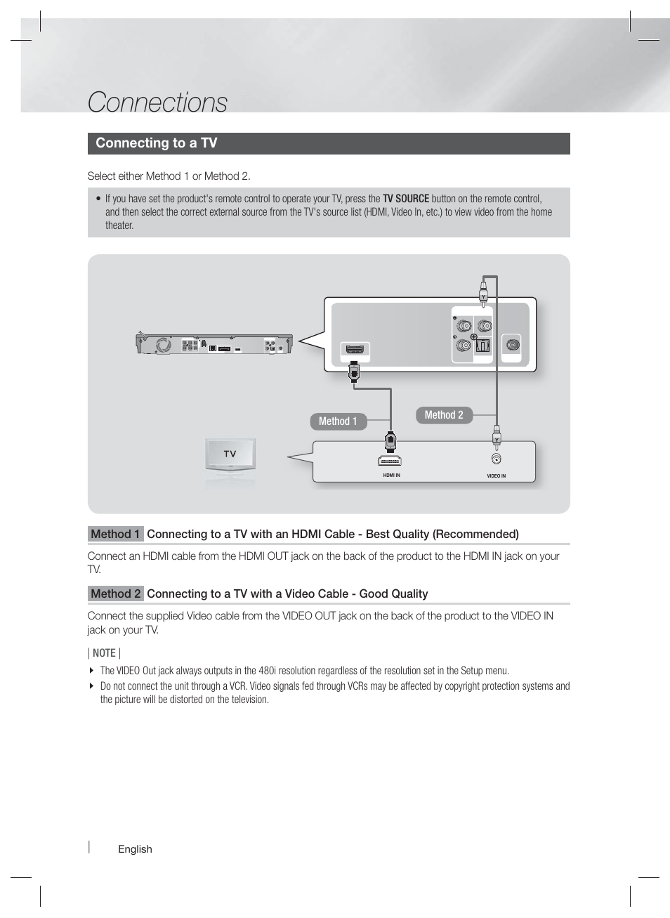 Connections, Connecting to a tv | Samsung HT-EM53C-ZA User Manual | Page 20 / 64