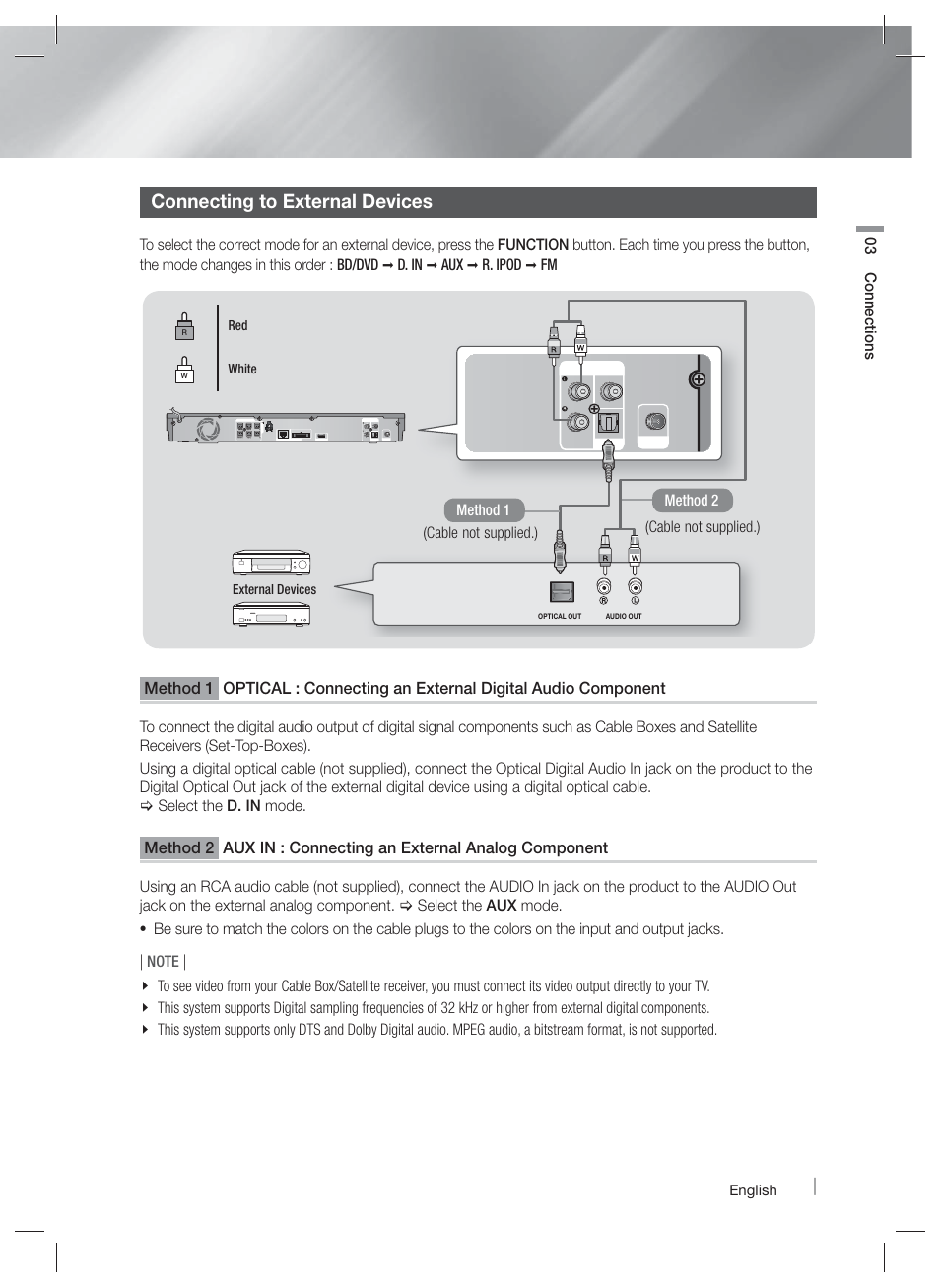 Connecting to external devices | Samsung HT-EM53C-ZA User Manual | Page 21 / 64