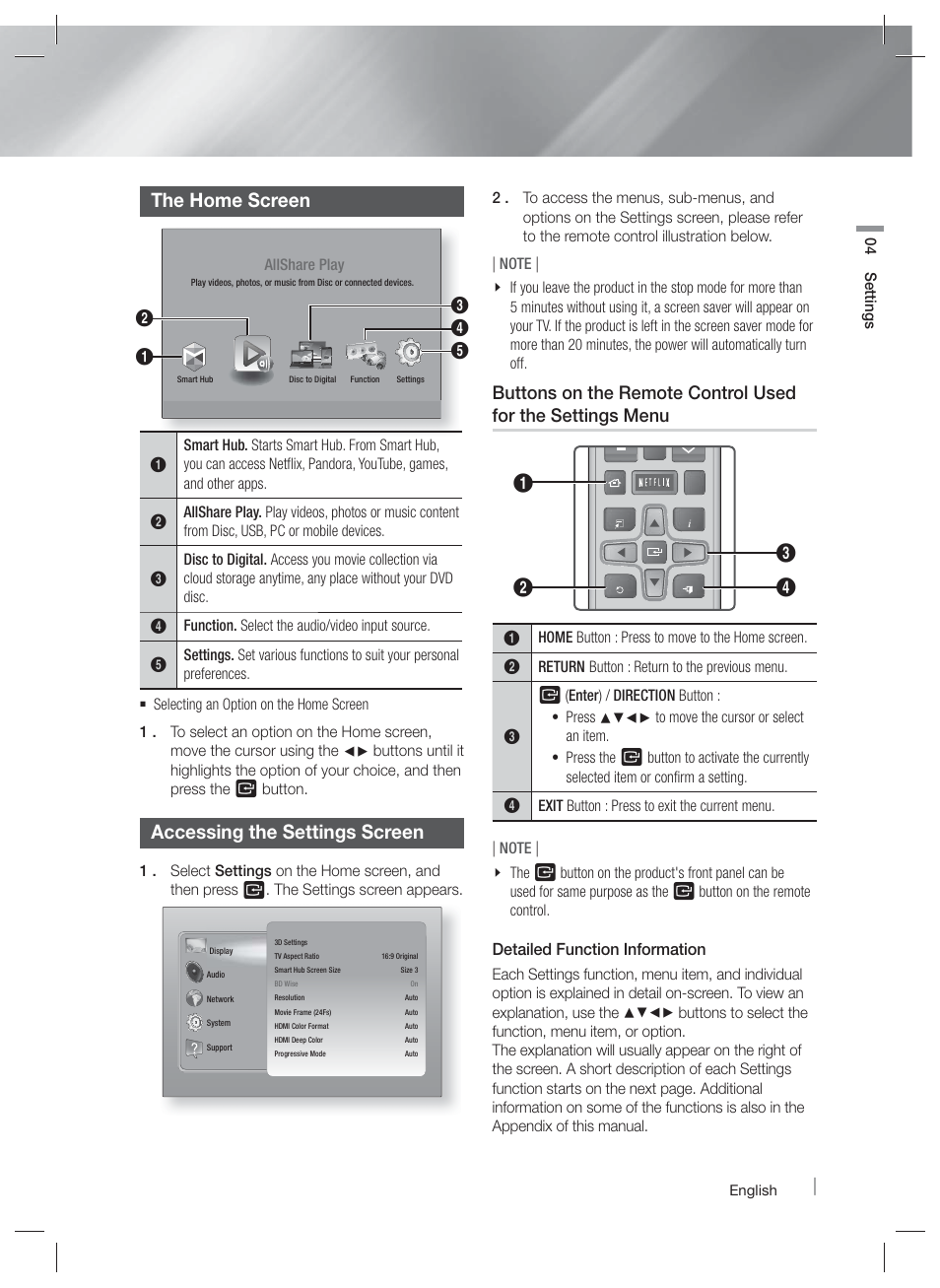 The home screen, Accessing the settings screen | Samsung HT-EM53C-ZA User Manual | Page 25 / 64