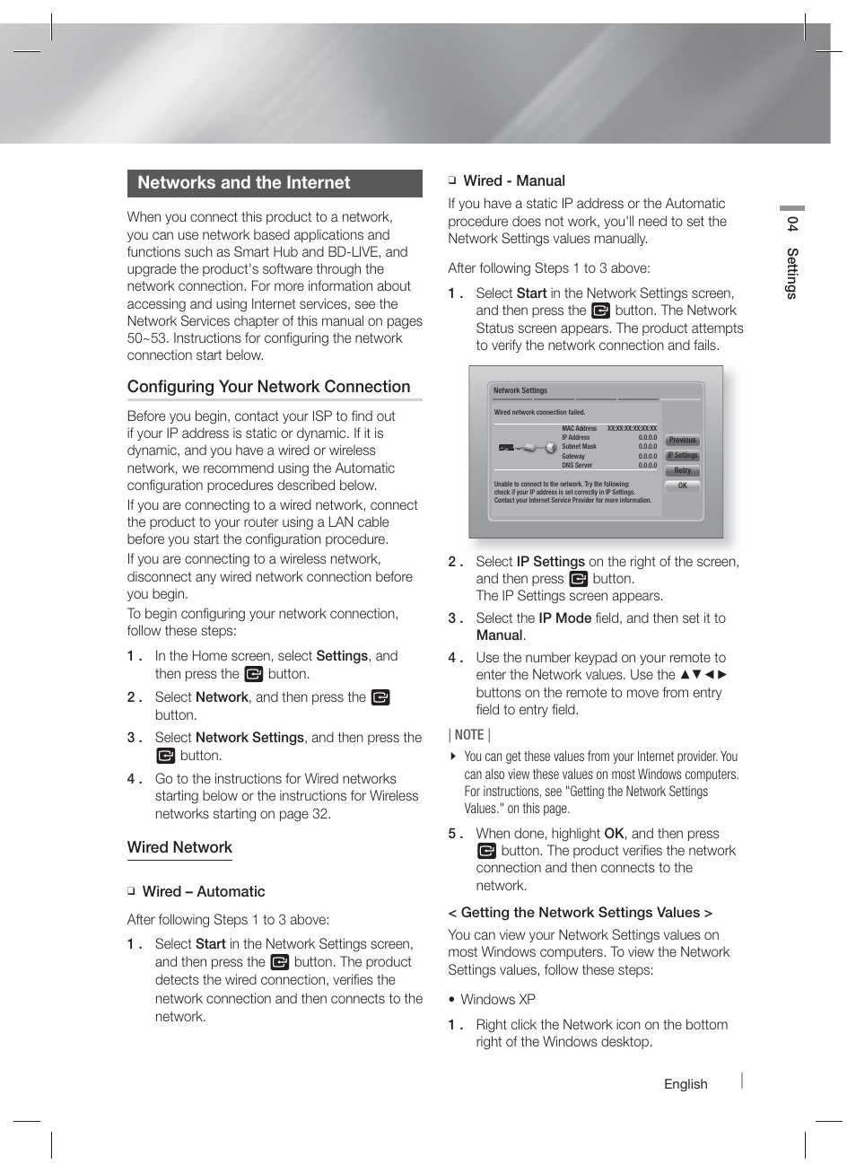 Networks and the internet, Configuring your network connection, Wired network | Samsung HT-EM53C-ZA User Manual | Page 31 / 64